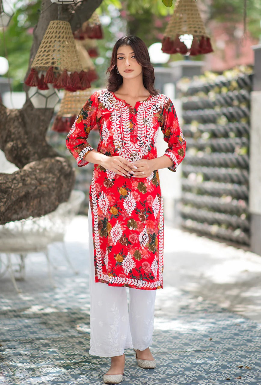 Nigaar Straight Fit Floral Print Rayon Kurti with Lucknowi Hand Embroidery for All Occasions