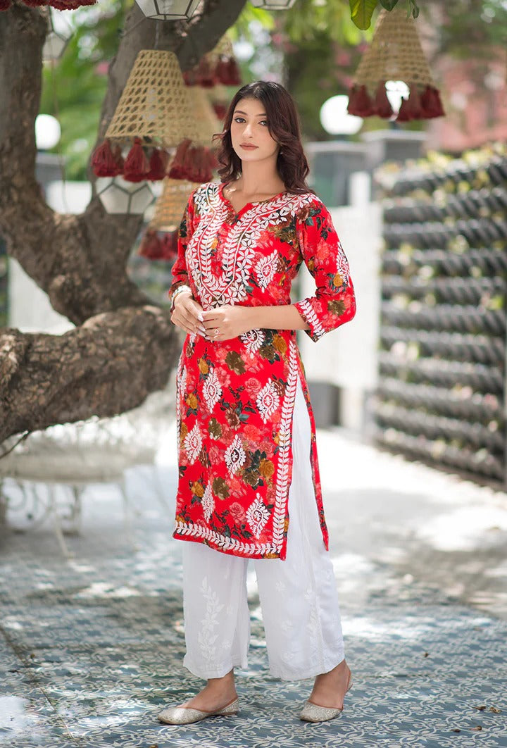 Nigaar Straight Fit Floral Print Rayon Kurti with Lucknowi Hand Embroidery for All Occasions