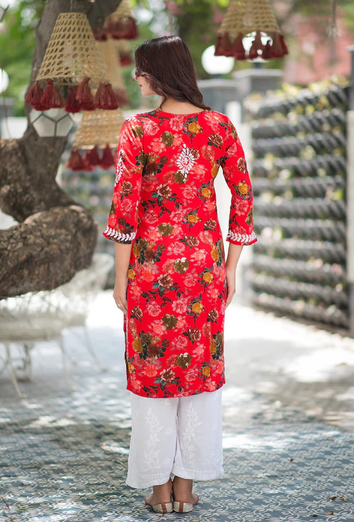 Nigaar Straight Fit Floral Print Rayon Kurti with Lucknowi Hand Embroidery for All Occasions