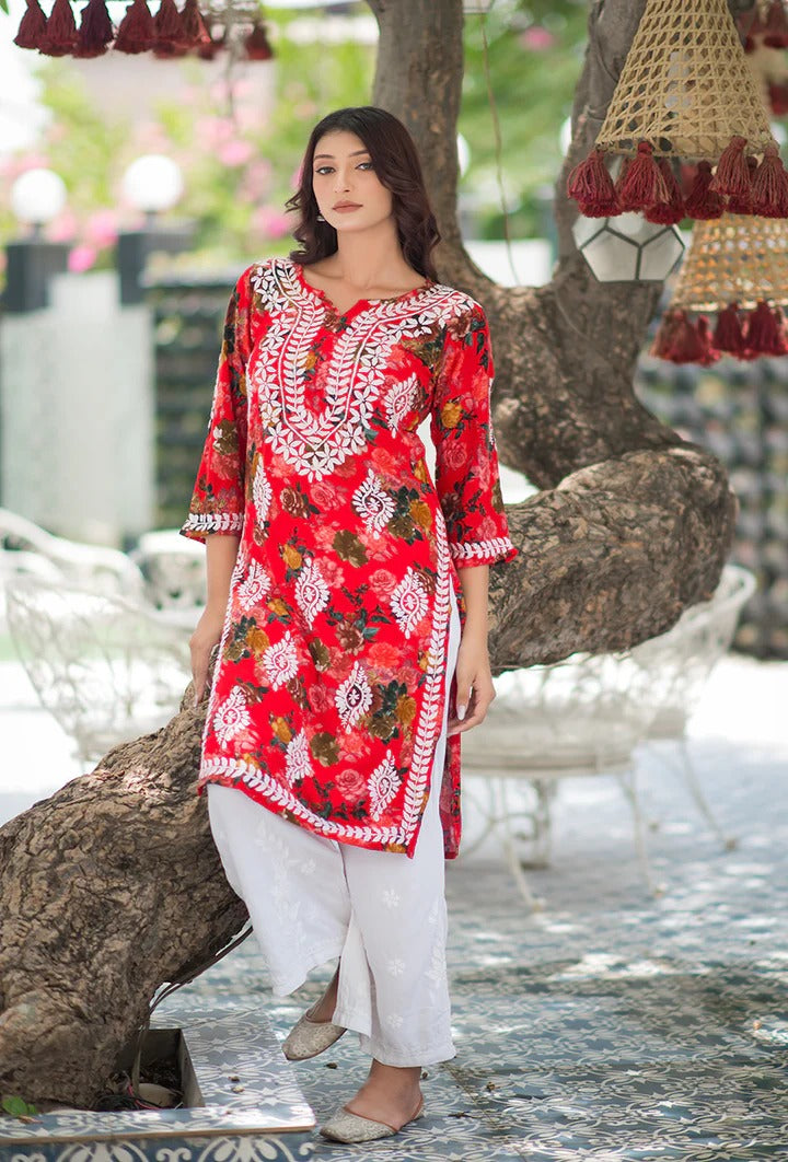 Nigaar Straight Fit Floral Print Rayon Kurti with Lucknowi Hand Embroidery for All Occasions