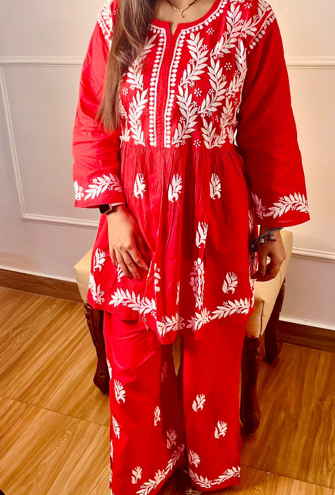 Afsana Chikankari Pure Soft Cotton Co-Ord Set – Short Gown & Palazzo Set