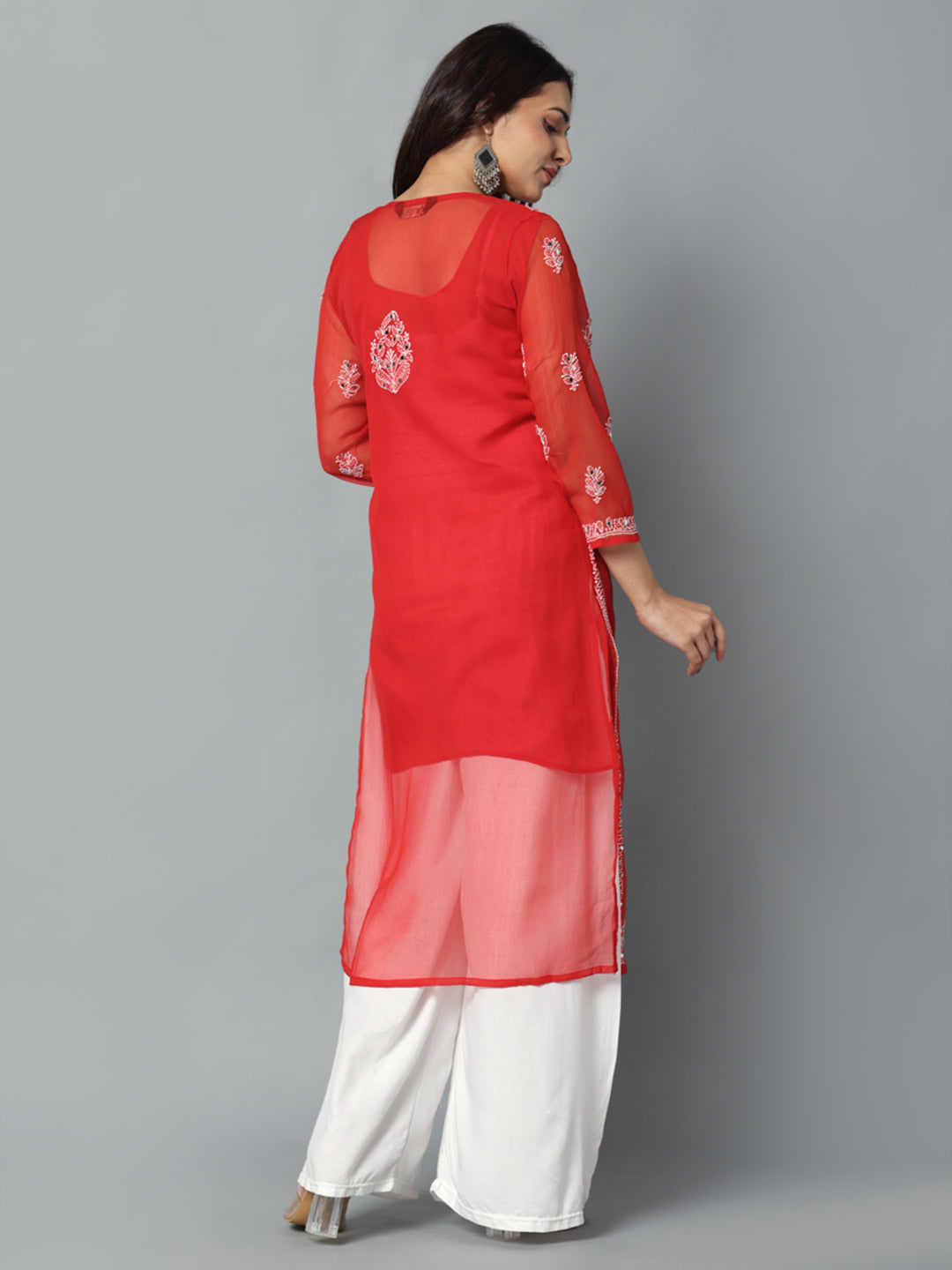 Chikankari Chiffon Georgette Straight Kurti With Real Pasted Mirror Work & Matching Cotton Inner