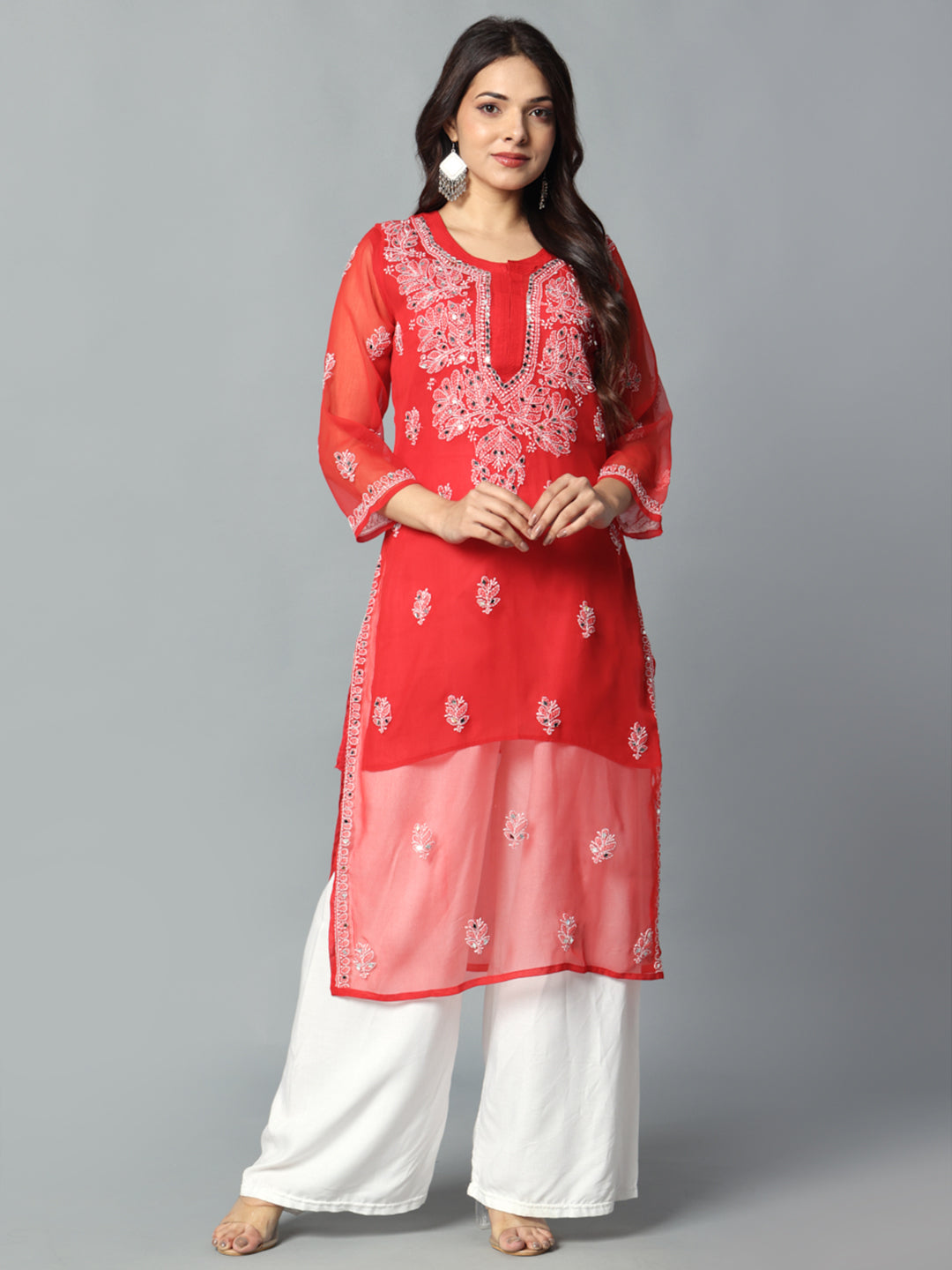 Chikankari Chiffon Georgette Straight Kurti With Real Pasted Mirror Work & Matching Cotton Inner