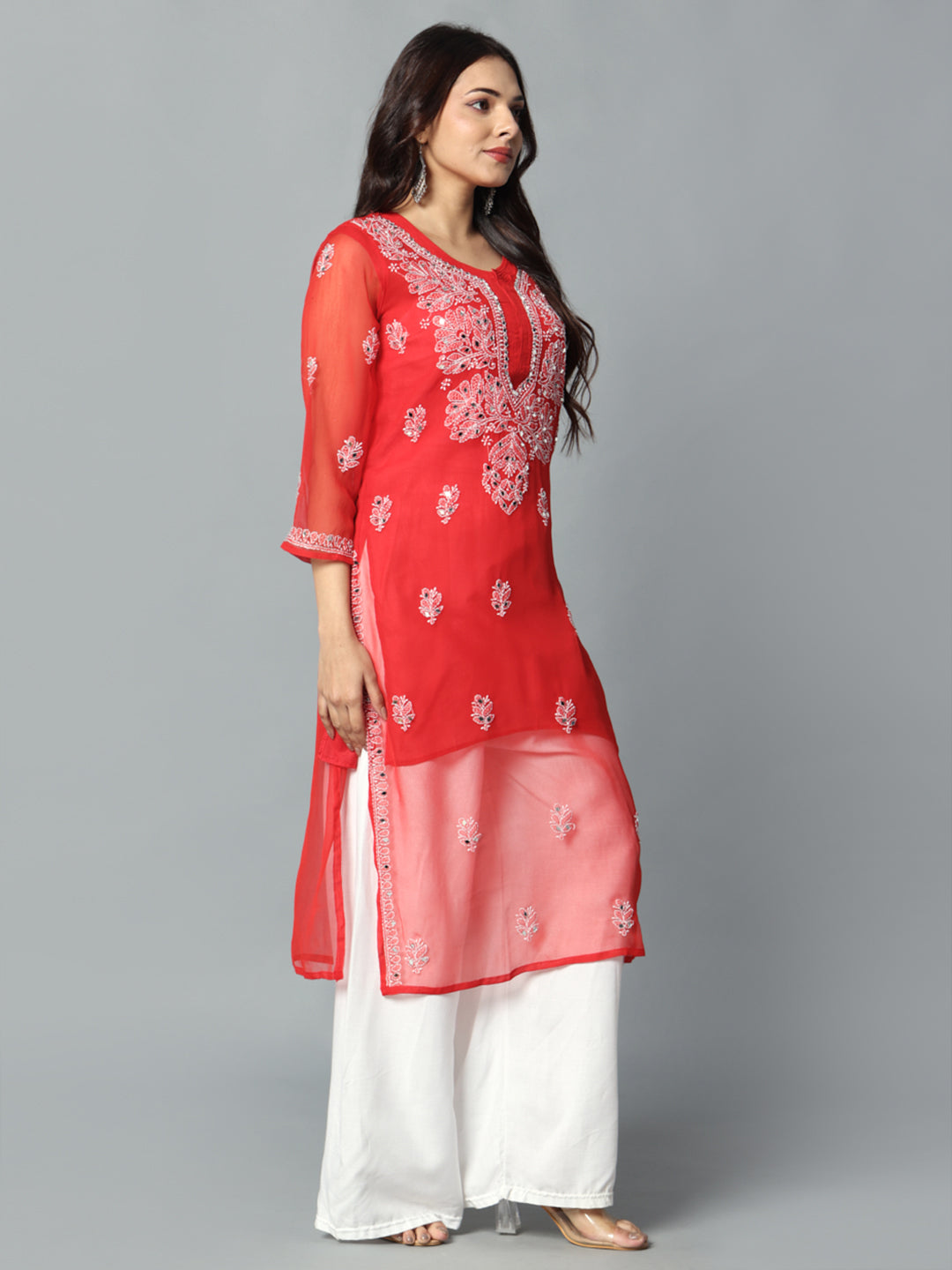Chikankari Chiffon Georgette Straight Kurti With Real Pasted Mirror Work & Matching Cotton Inner