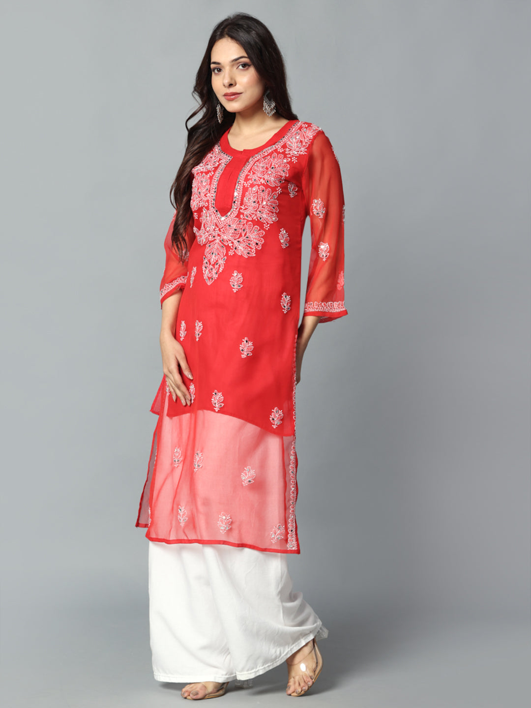 Chikankari Chiffon Georgette Straight Kurti With Real Pasted Mirror Work & Matching Cotton Inner