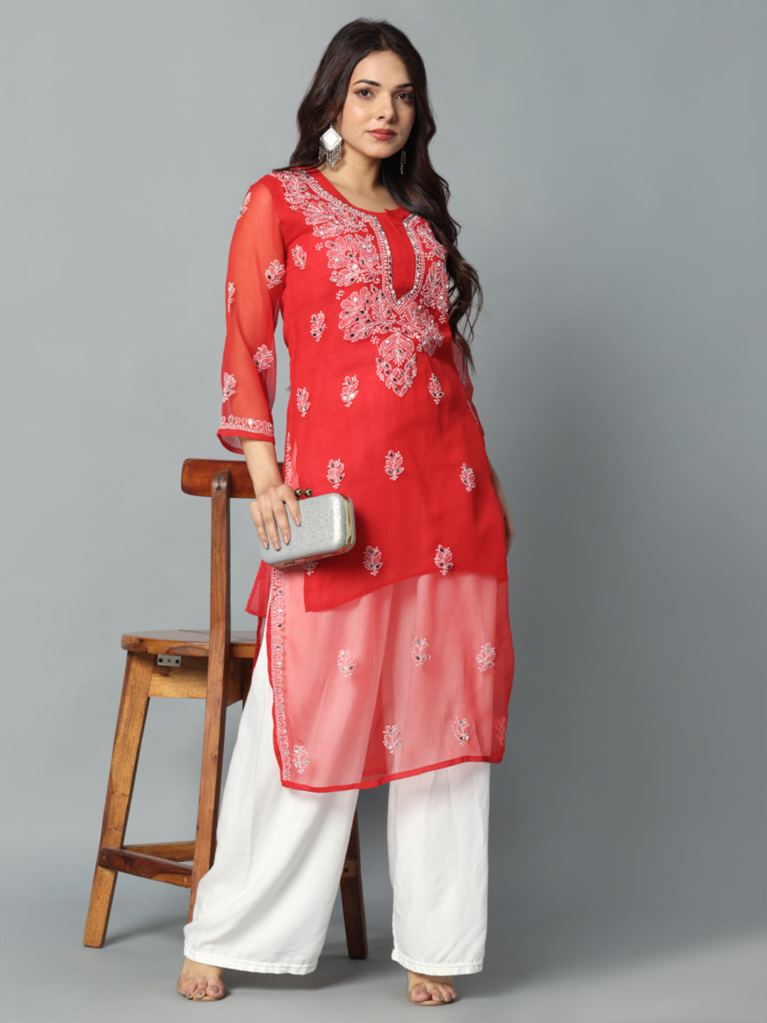 Chikankari Chiffon Georgette Straight Kurti With Real Pasted Mirror Work & Matching Cotton Inner