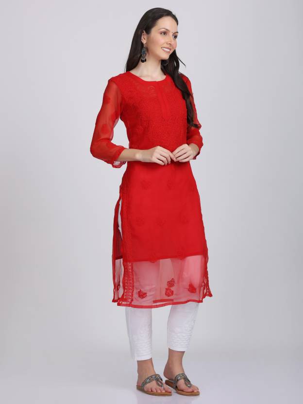 Women's Chiffon Georgette Chikankari Ton-to-Ton Kurti with Inner & White Lycra Pant Set