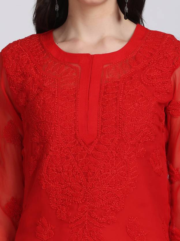 Women's Chiffon Georgette Chikankari Ton-to-Ton Kurti with Inner & White Lycra Pant Set