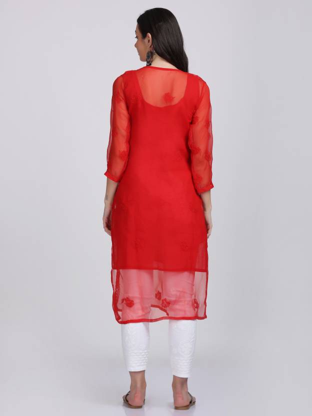 Women's Chiffon Georgette Chikankari Ton-to-Ton Kurti with Inner & White Lycra Pant Set
