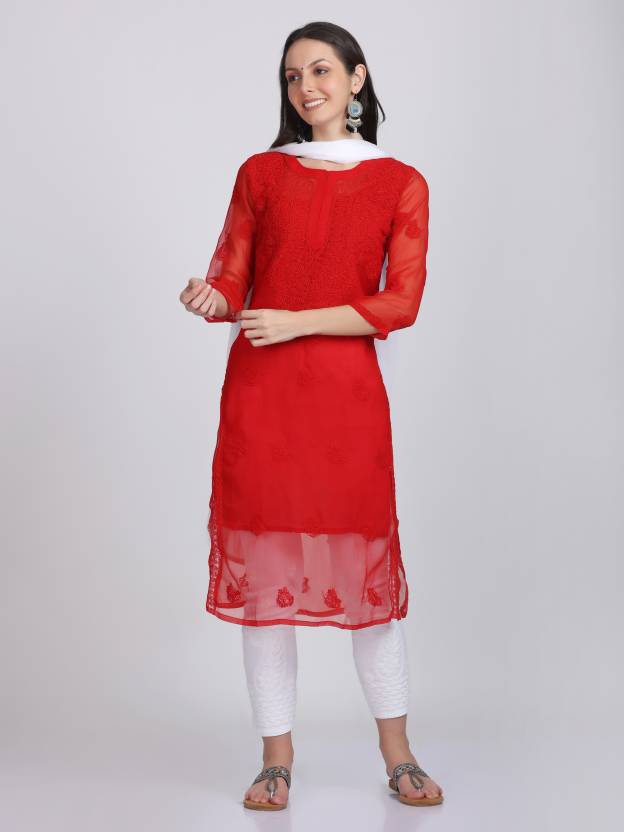 Women's Chiffon Georgette Chikankari Ton-to-Ton Kurti with Inner & White Lycra Pant Set