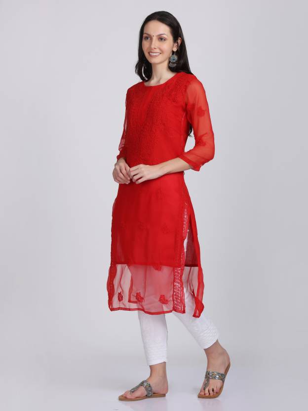 Women's Chiffon Georgette Chikankari Ton-to-Ton Kurti with Inner & White Lycra Pant Set