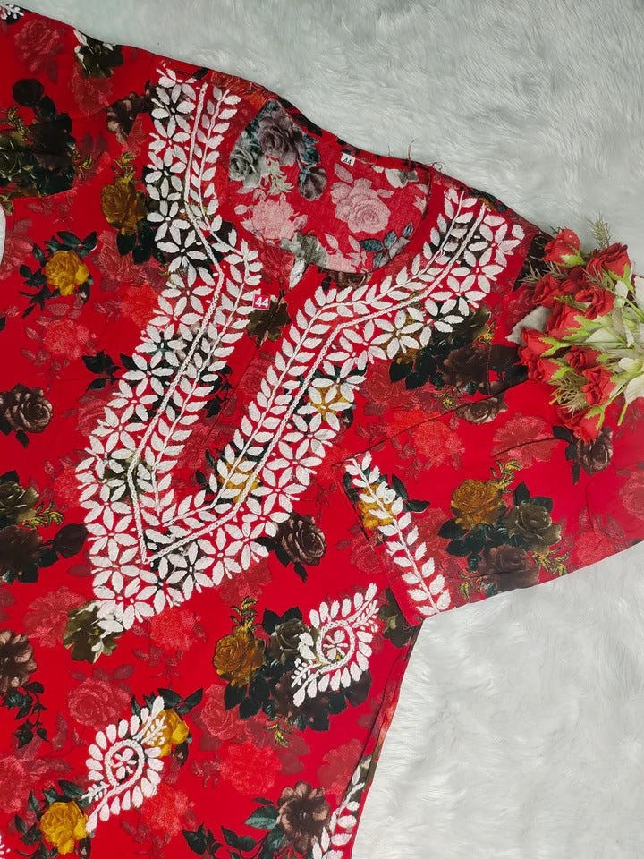 Nigaar Straight Fit Floral Print Rayon Kurti with Lucknowi Hand Embroidery for All Occasions