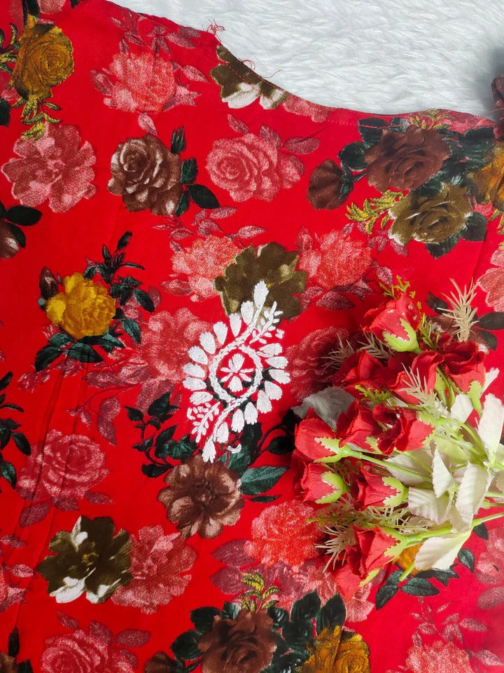 Nigaar Straight Fit Floral Print Rayon Kurti with Lucknowi Hand Embroidery for All Occasions