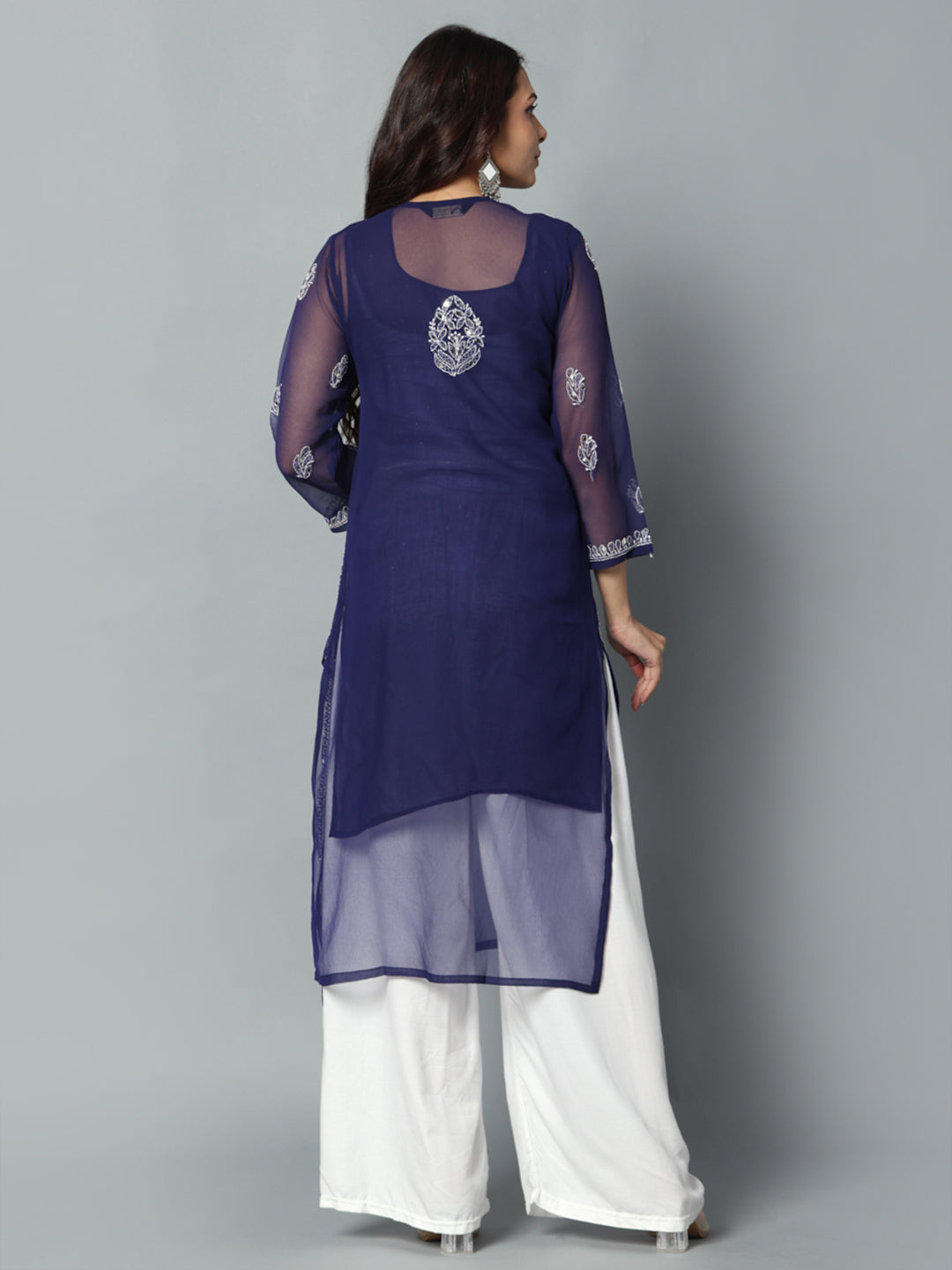 Chikankari Chiffon Georgette Straight Kurti With Real Pasted Mirror Work & Matching Cotton Inner