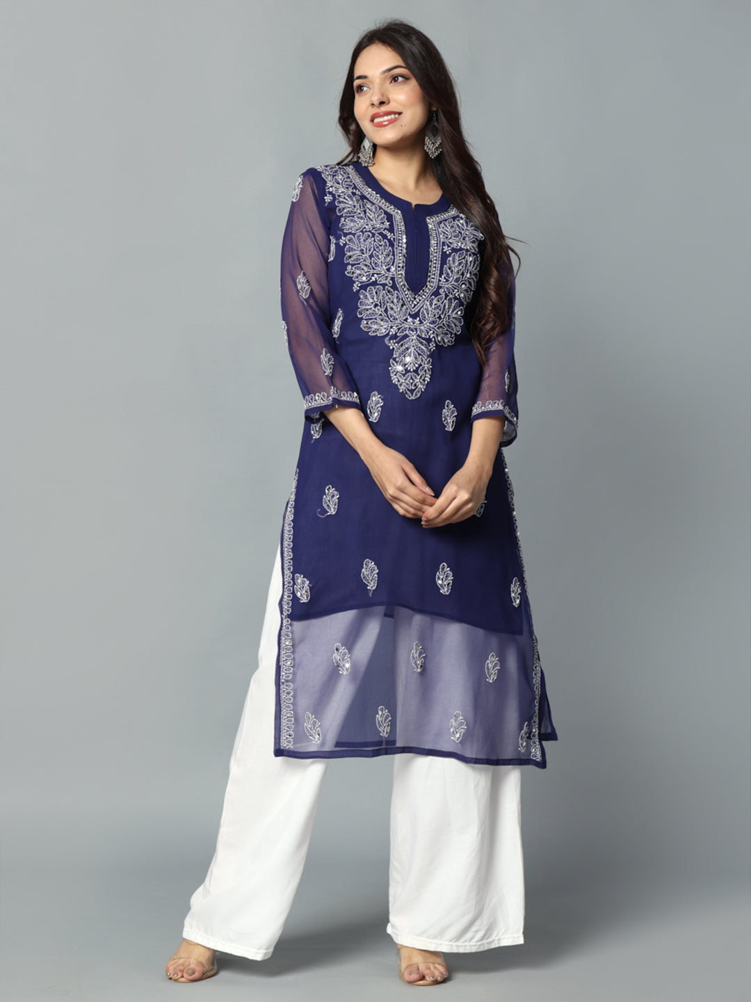 Chikankari Chiffon Georgette Straight Kurti With Real Pasted Mirror Work & Matching Cotton Inner