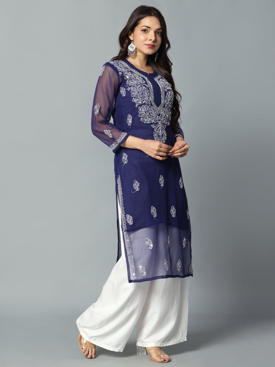 Chikankari Chiffon Georgette Straight Kurti With Real Pasted Mirror Work & Matching Cotton Inner