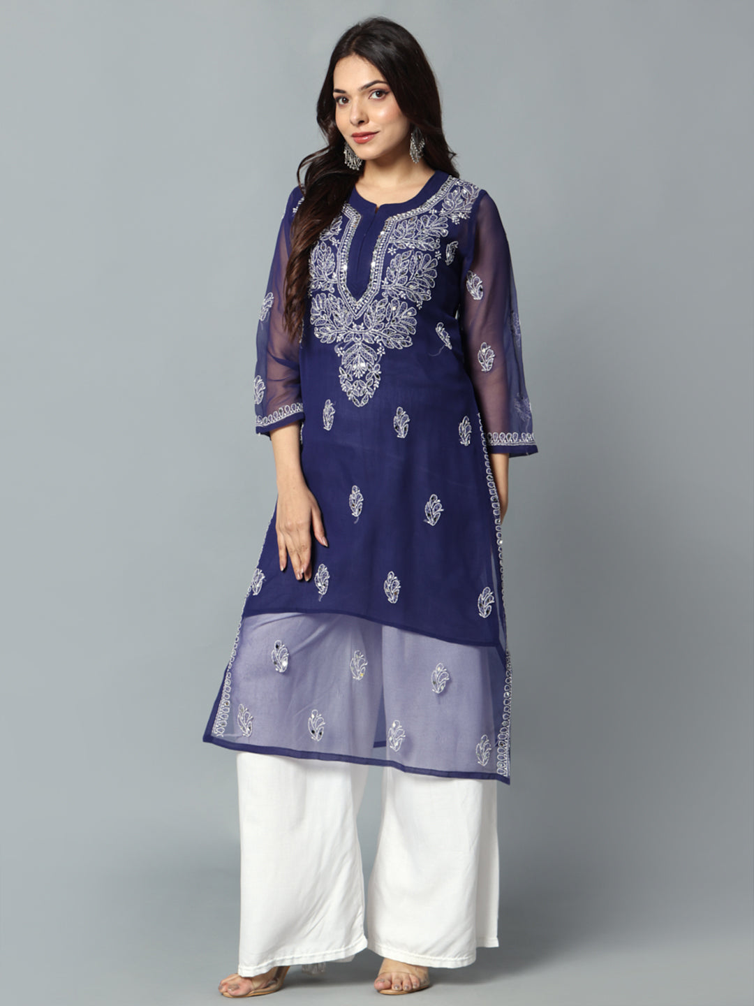 Chikankari Chiffon Georgette Straight Kurti With Real Pasted Mirror Work & Matching Cotton Inner