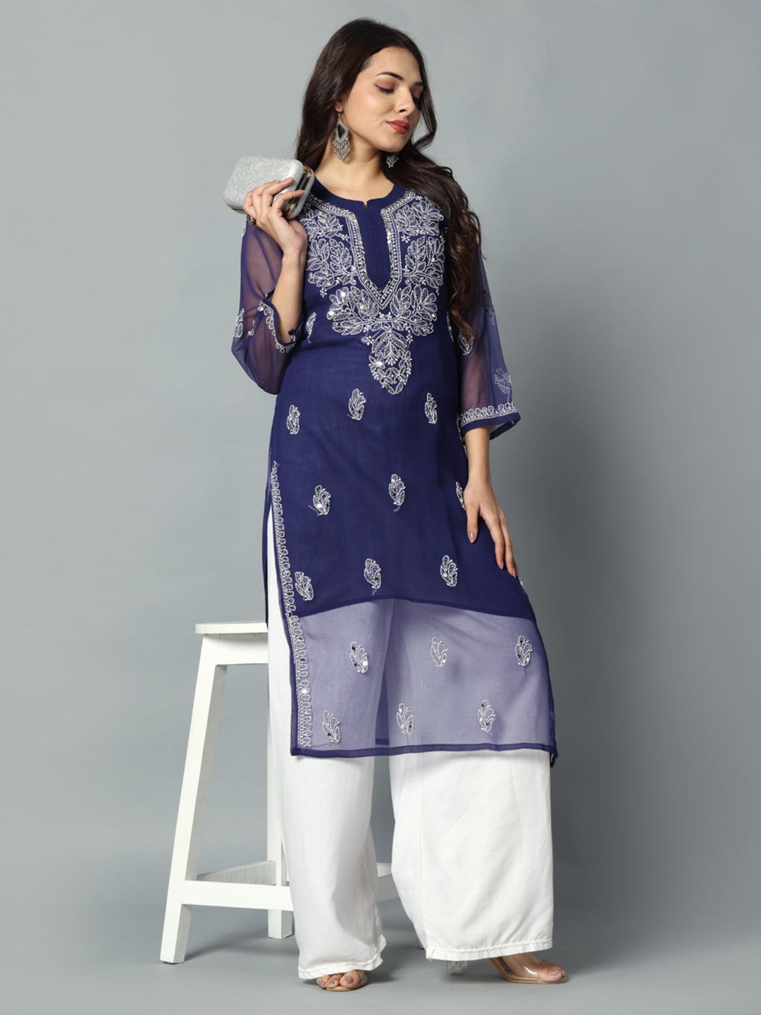 Chikankari Chiffon Georgette Straight Kurti With Real Pasted Mirror Work & Matching Cotton Inner