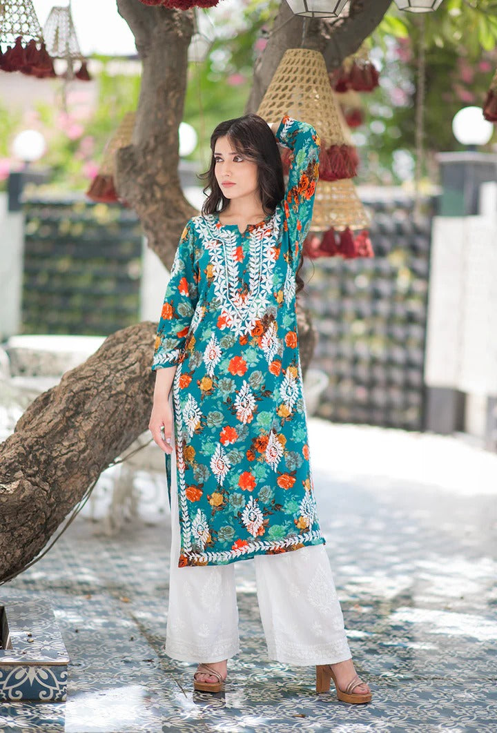 Nigaar Straight Fit Floral Print Rayon Kurti with Lucknowi Hand Embroidery for All Occasions