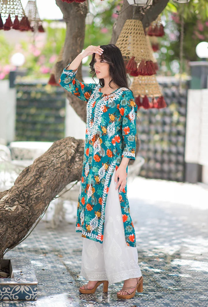 Nigaar Straight Fit Floral Print Rayon Kurti with Lucknowi Hand Embroidery for All Occasions