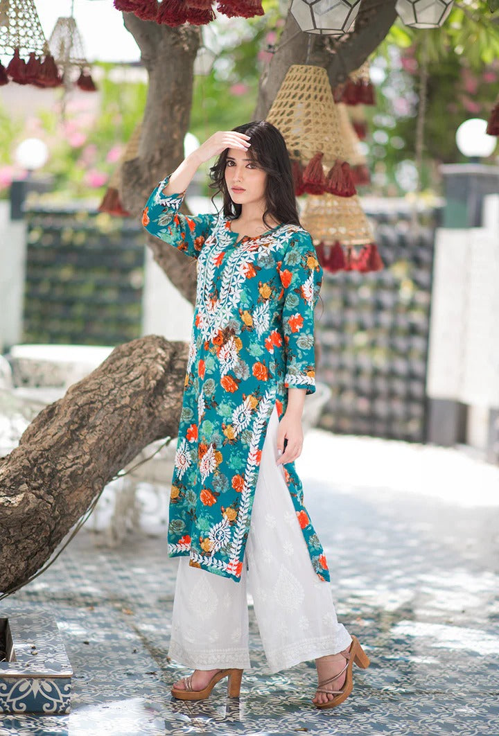 Nigaar Straight Fit Floral Print Rayon Kurti with Lucknowi Hand Embroidery for All Occasions