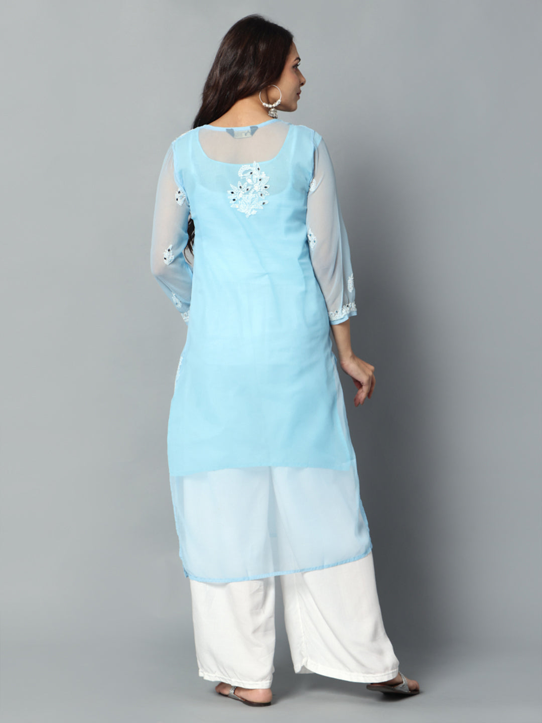 Chikankari Chiffon Georgette Straight Kurti With Real Pasted Mirror Work & Matching Cotton Inner