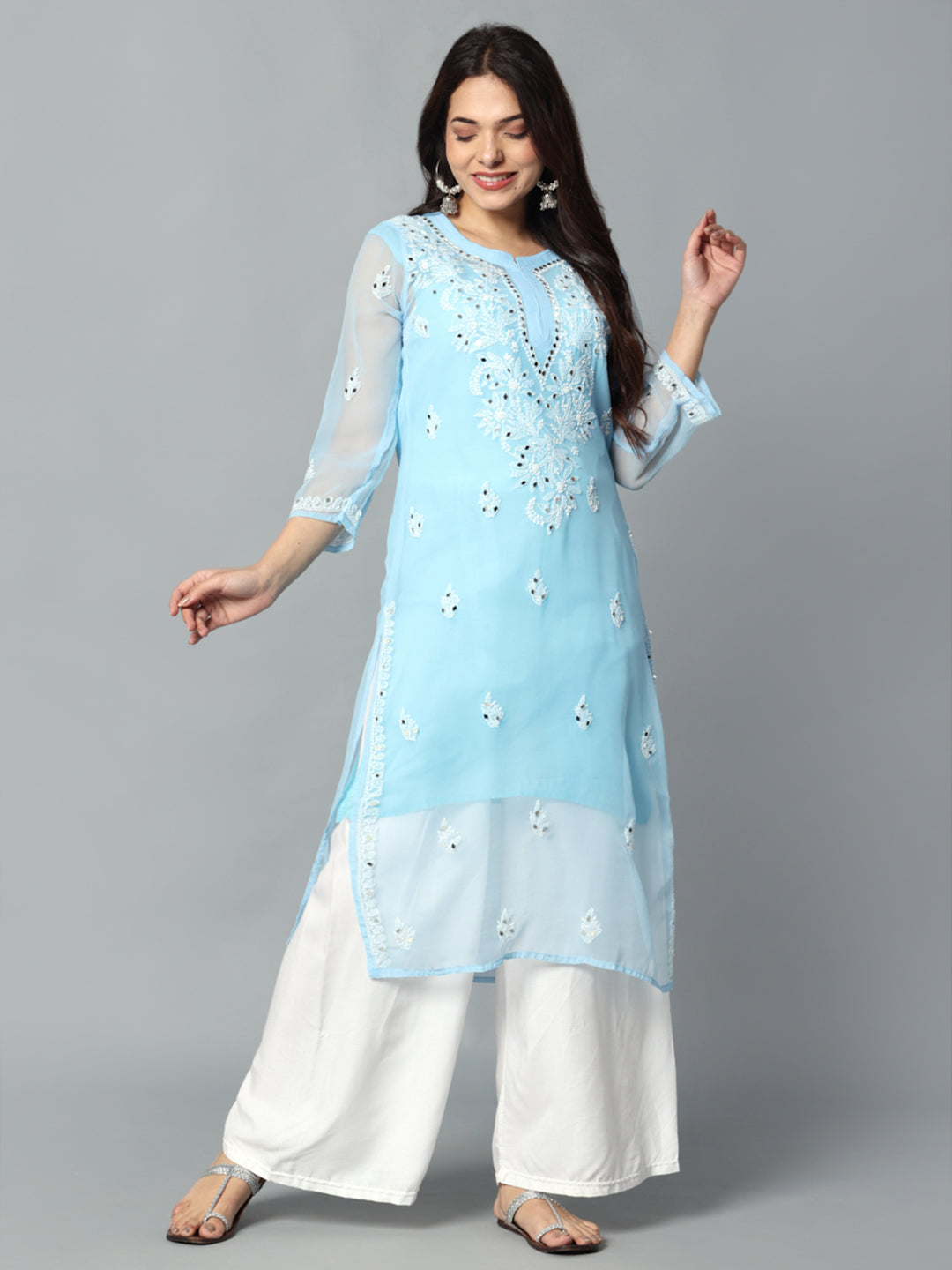 Chikankari Chiffon Georgette Straight Kurti With Real Pasted Mirror Work & Matching Cotton Inner