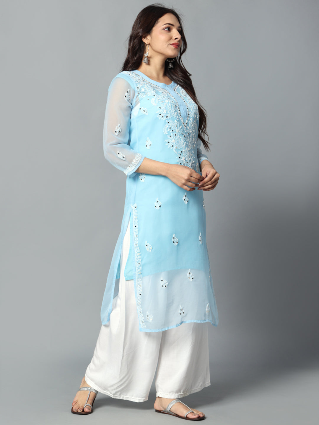 Chikankari Chiffon Georgette Straight Kurti With Real Pasted Mirror Work & Matching Cotton Inner