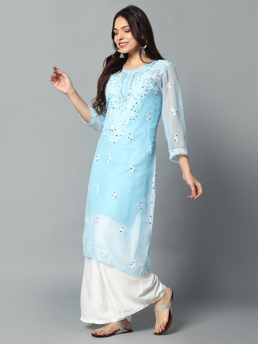 Chikankari Chiffon Georgette Straight Kurti With Real Pasted Mirror Work & Matching Cotton Inner