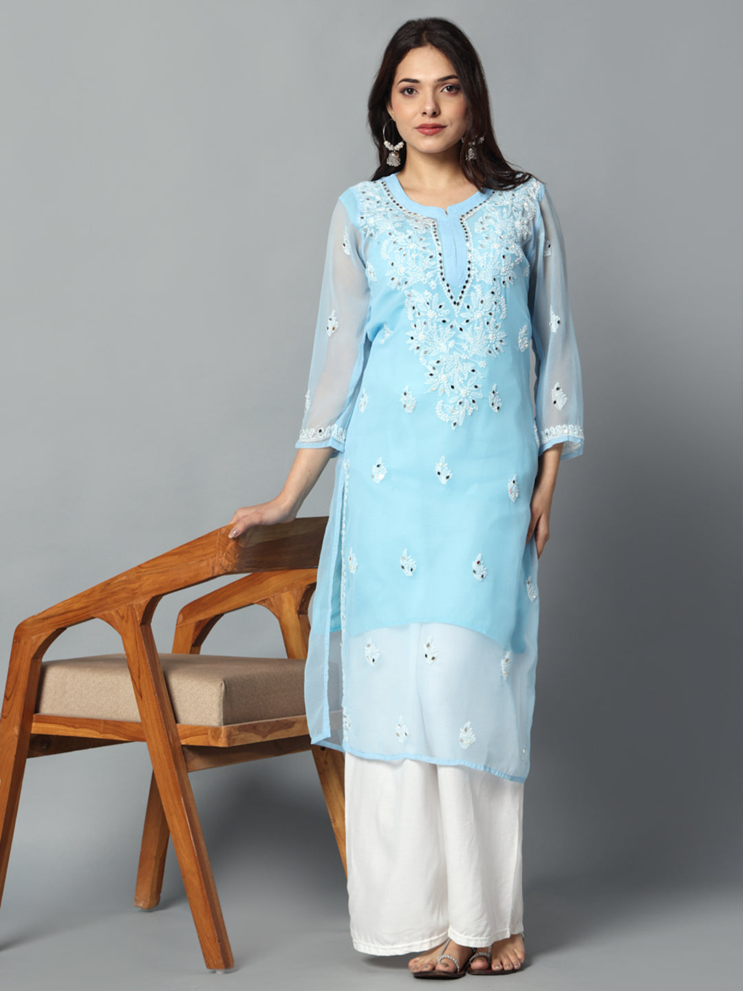 Chikankari Chiffon Georgette Straight Kurti With Real Pasted Mirror Work & Matching Cotton Inner