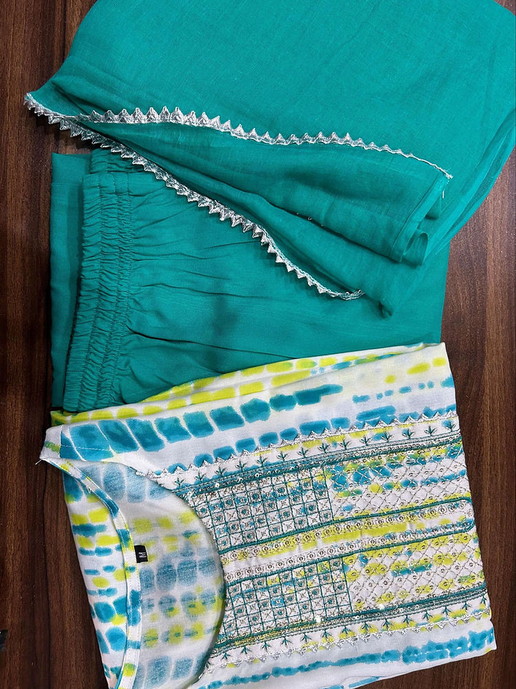 Sea Green Gulnaaz Shibori Cotton Kurti, Pant & Dupatta Set
