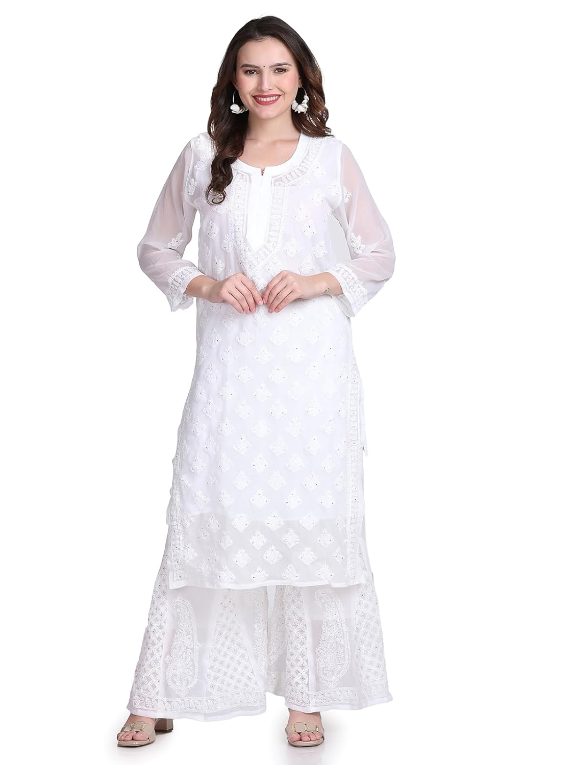 Chiffon Georgette Muquesh Work White Straight Kurta, Sharara & Dupatta Set With Cotton inner