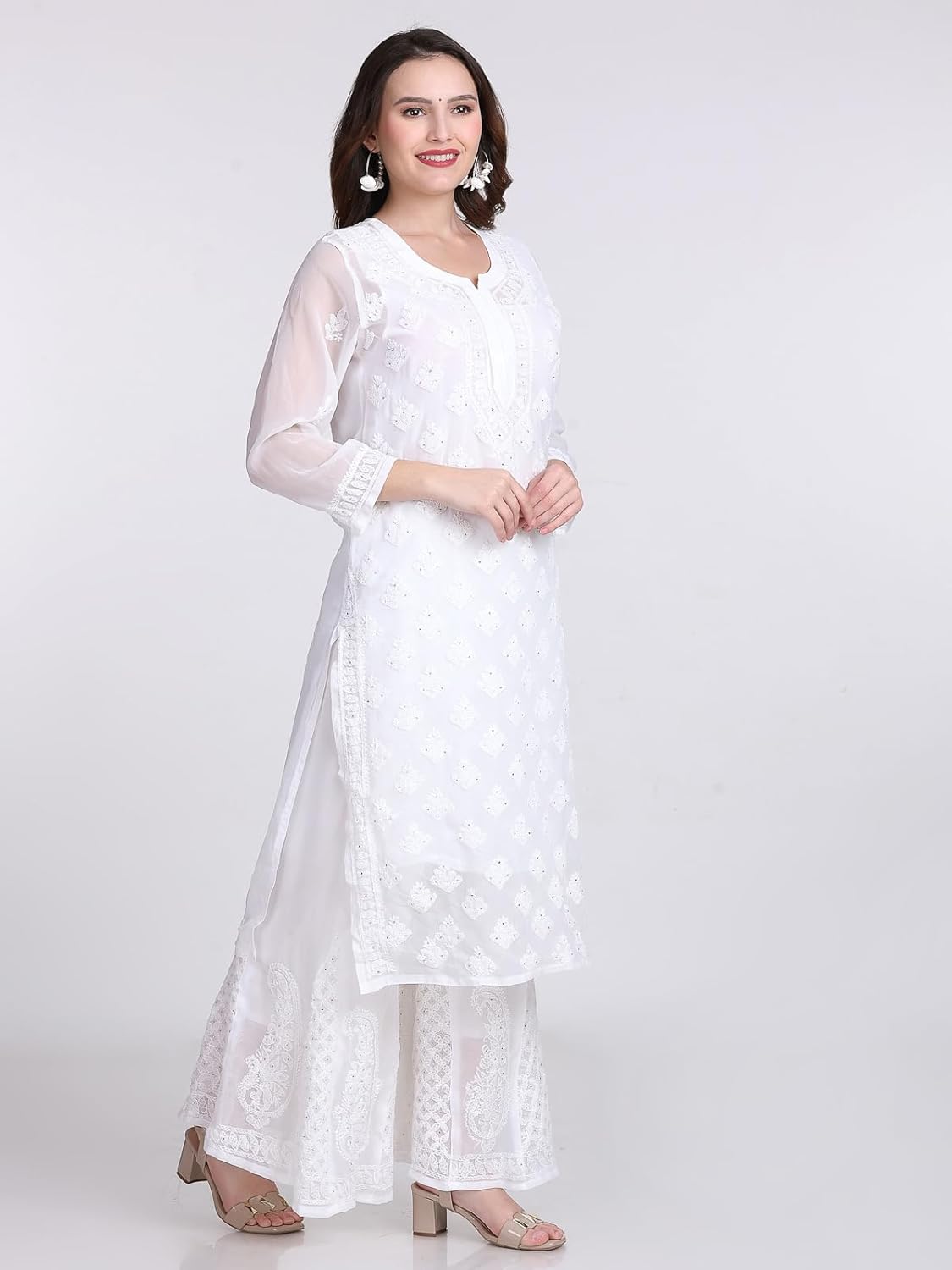 Chiffon Georgette Muquesh Work White Straight Kurta, Sharara & Dupatta Set With Cotton inner