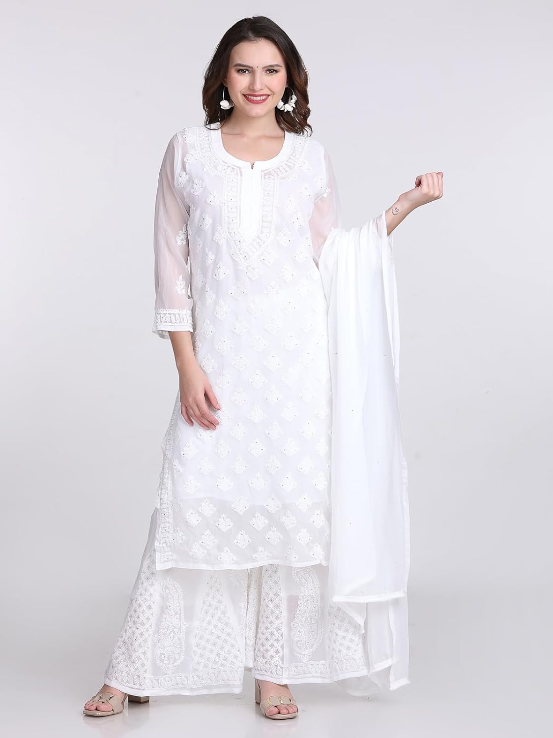 Chiffon Georgette Muquesh Work White Straight Kurta, Sharara & Dupatta Set With Cotton inner