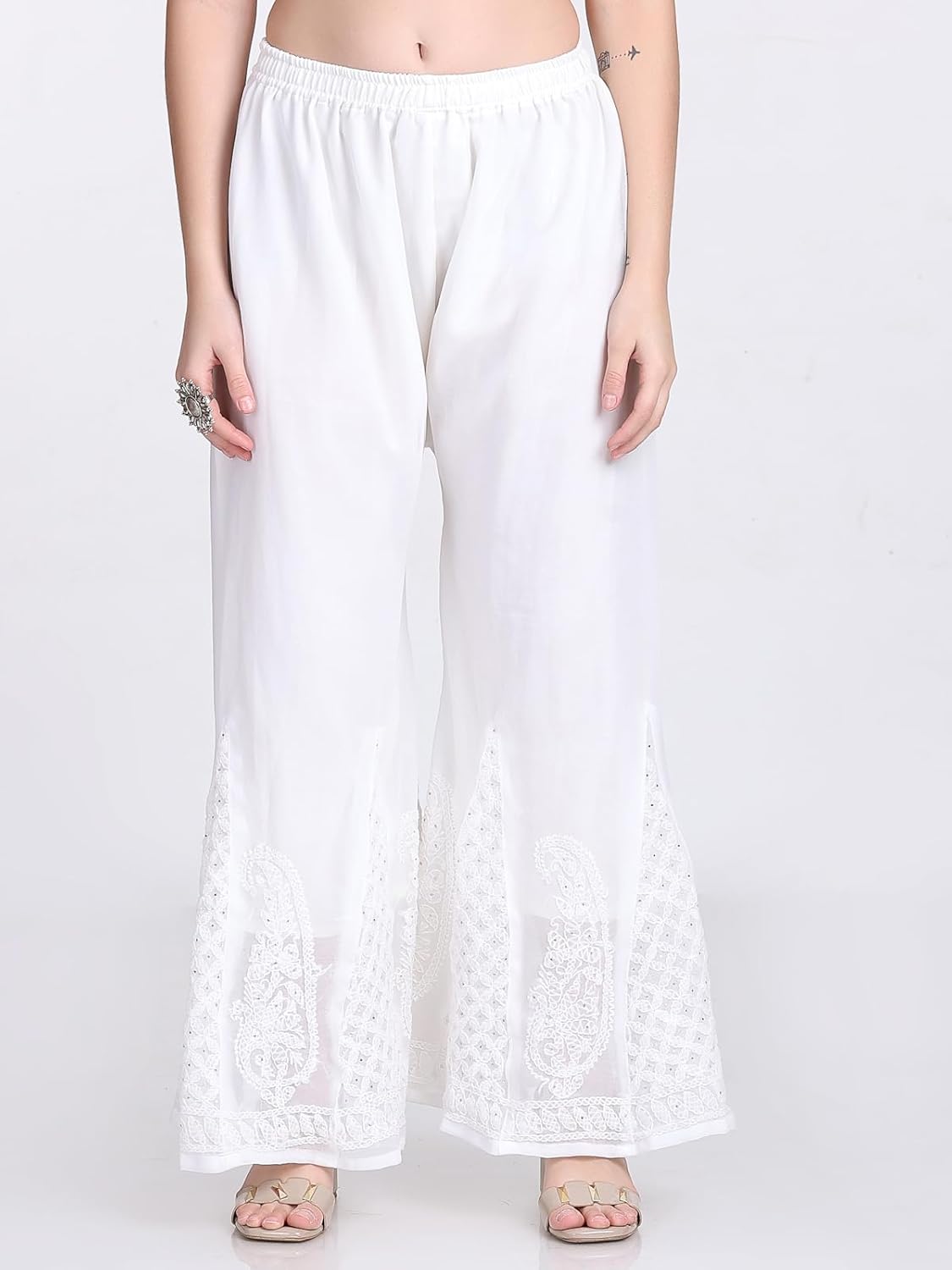 Chiffon Georgette Muquesh Work White Straight Kurta, Sharara & Dupatta Set With Cotton inner