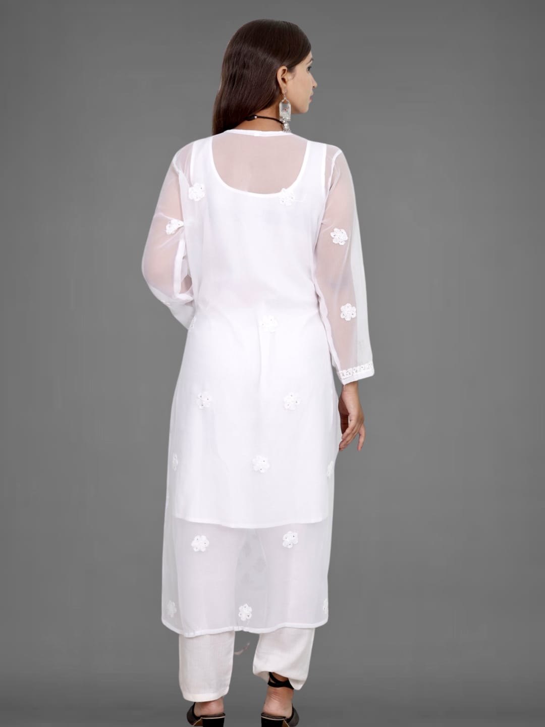 Chikankari White Booti Jaal Straight Kurti With Real Pasted Mirror Work & Matching Cotton Inner