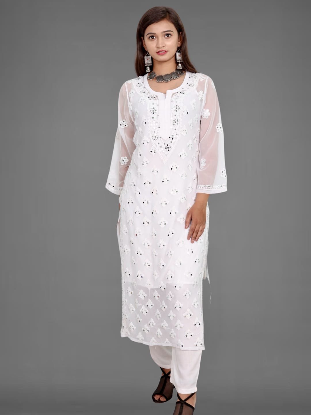 Chikankari White Booti Jaal Straight Kurti With Real Pasted Mirror Work & Matching Cotton Inner