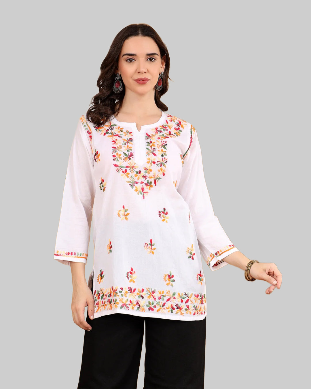 White Cotton Chikankari Short Kurti with Multi-Thread Embroidery for Women – 28" Length | Soft, Non-Transparent & Stylish Chikankari Kurti