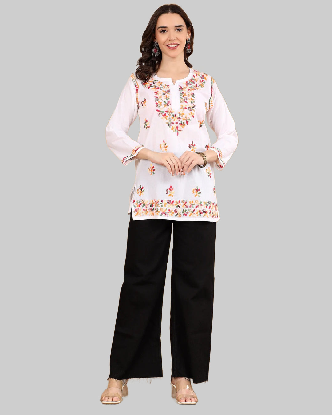 White Cotton Chikankari Short Kurti with Multi-Thread Embroidery for Women – 28" Length | Soft, Non-Transparent & Stylish Chikankari Kurti