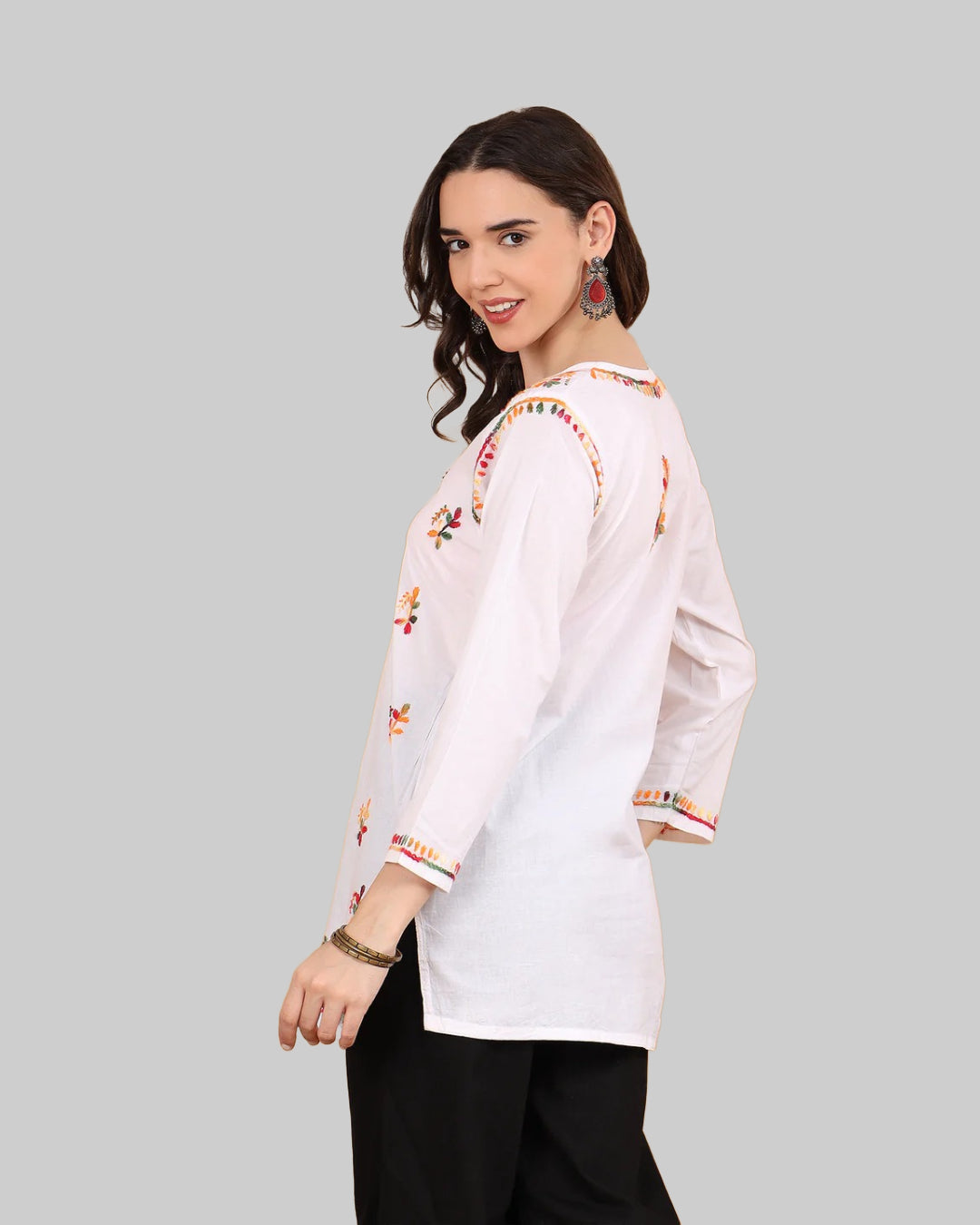 White Cotton Chikankari Short Kurti with Multi-Thread Embroidery for Women – 28" Length | Soft, Non-Transparent & Stylish Chikankari Kurti