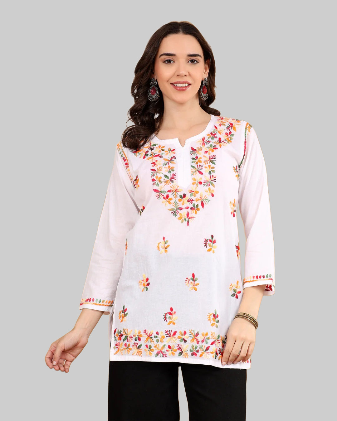 White Cotton Chikankari Short Kurti with Multi-Thread Embroidery for Women – 28" Length | Soft, Non-Transparent & Stylish Chikankari Kurti