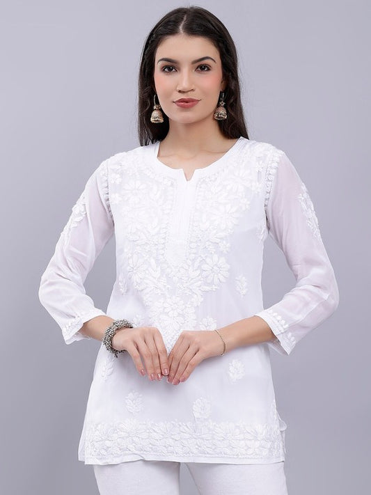 Imroz Women's Premium White Modal Chikankari Short Kurti