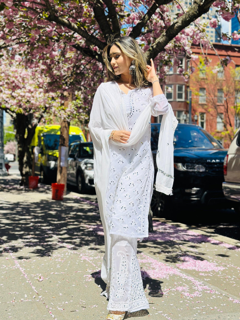 Premium Chiffon Georgette Mirror Work Kurti, Sharara & Dupatta Set With Free Matching Cotton Inner, Mirror Work 4-Piece Kurti Set