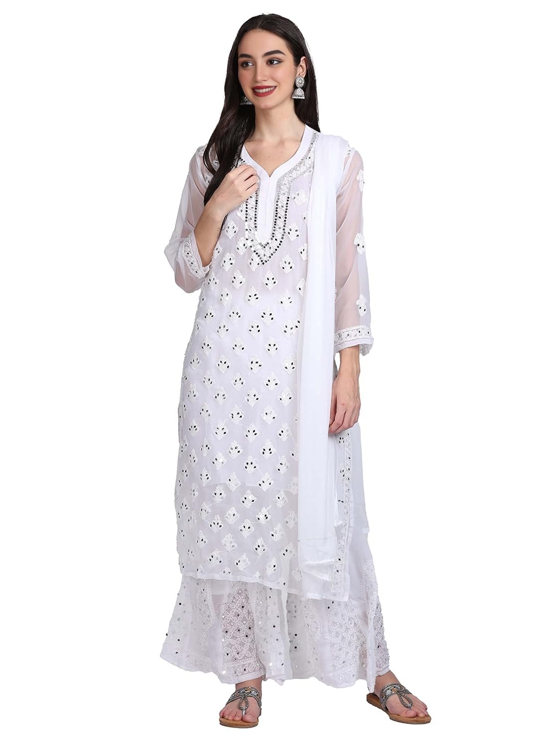 Premium Chiffon Georgette Mirror Work Kurti, Sharara & Dupatta Set With Free Matching Cotton Inner, Mirror Work 4-Piece Kurti Set