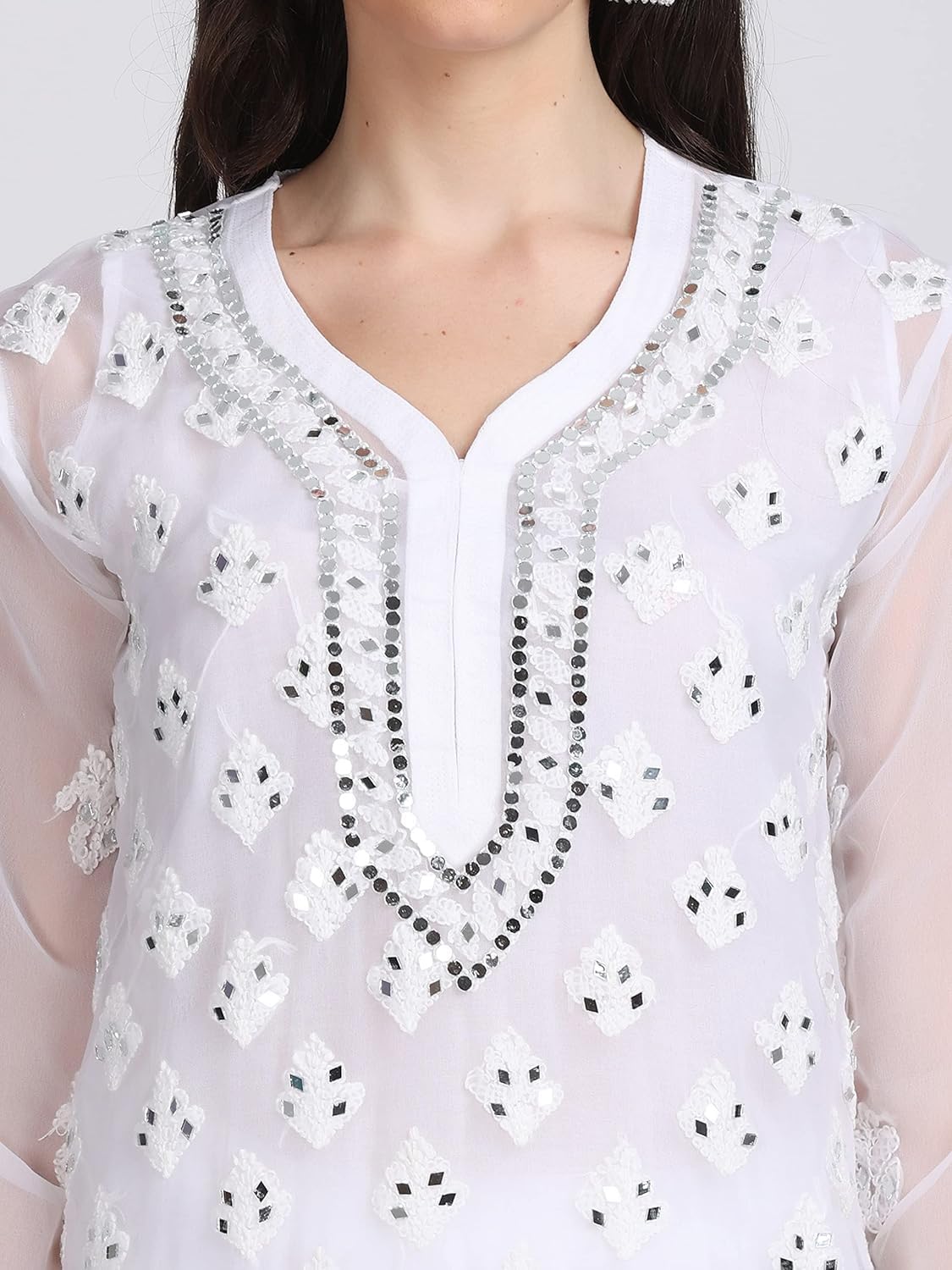 Premium Chiffon Georgette Mirror Work Kurti, Sharara & Dupatta Set With Free Matching Cotton Inner, Mirror Work 4-Piece Kurti Set