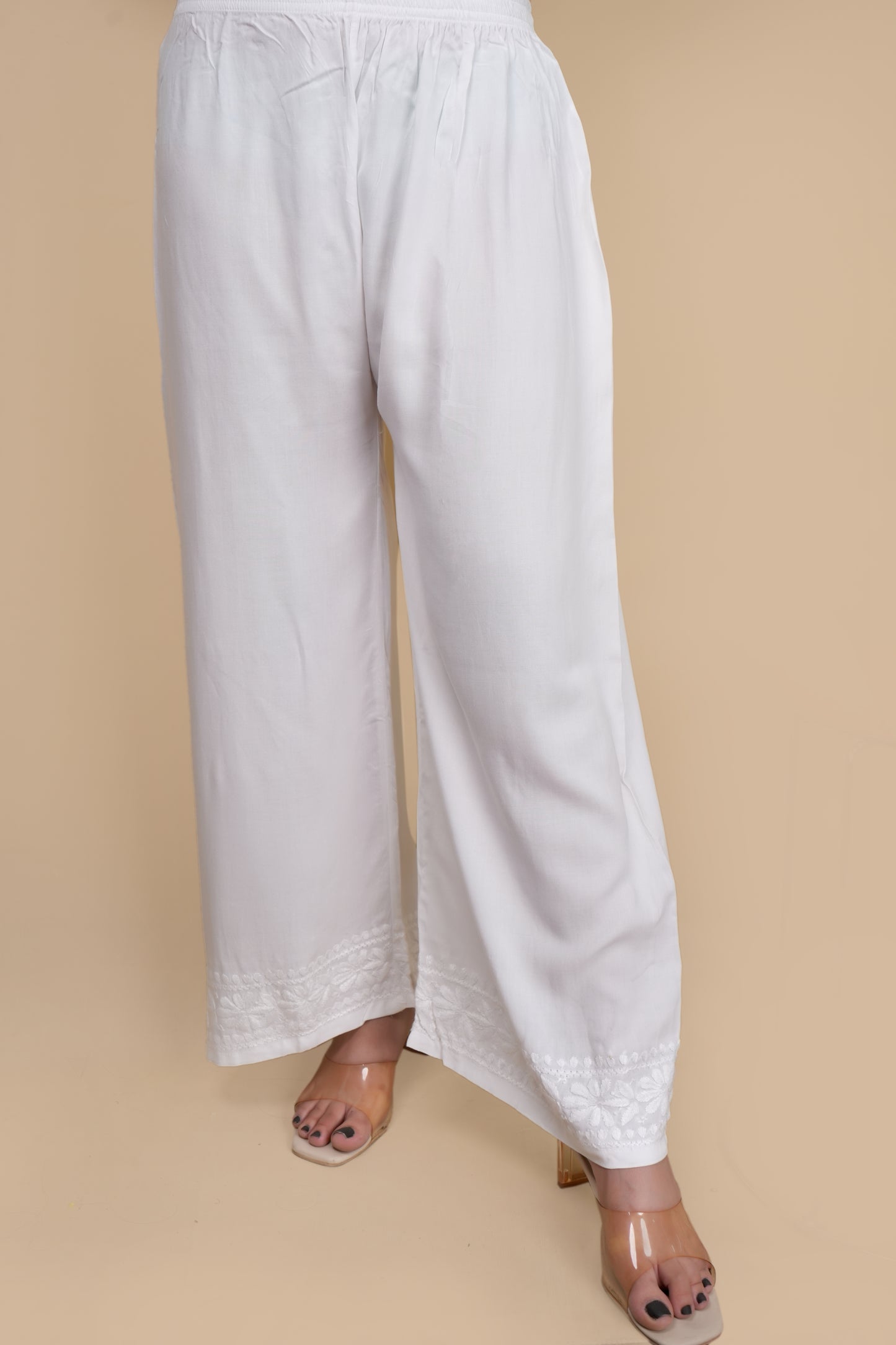 Women's Exclusive White Straight Rayon Lucknowi Chikankari Kurti & Palazzo Set.