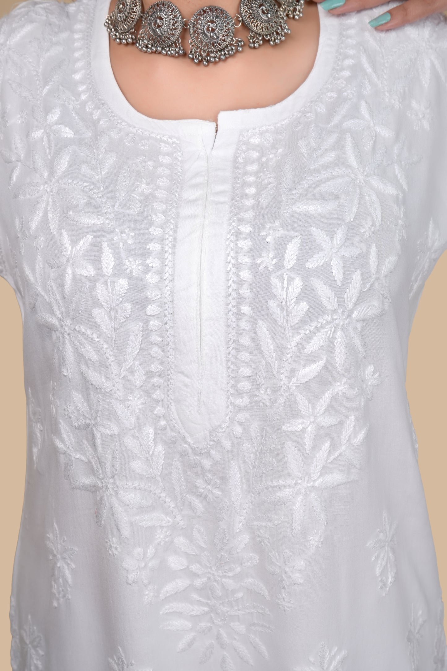 Women's Exclusive White Straight Rayon Lucknowi Chikankari Kurti & Palazzo Set.
