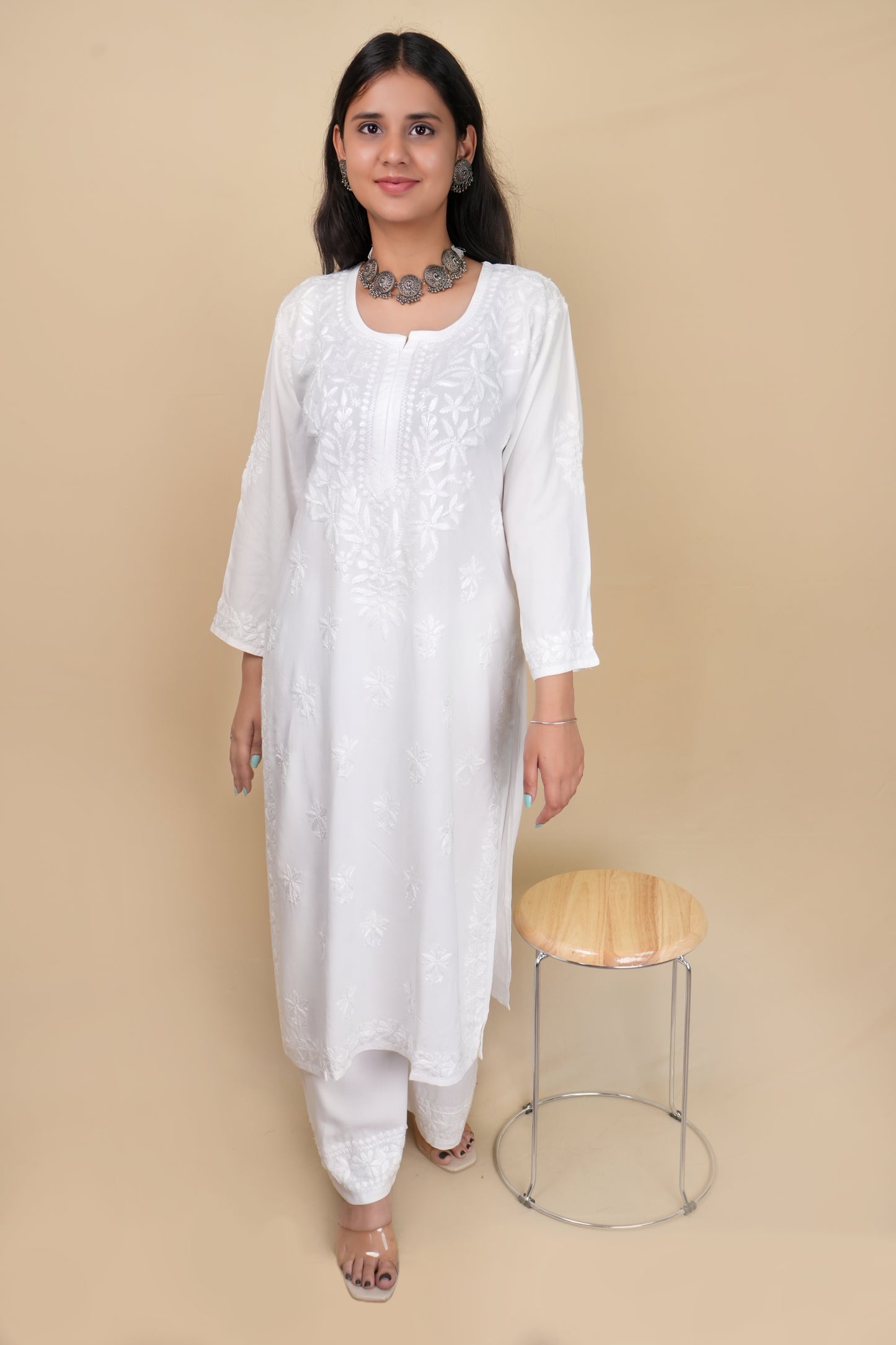 Women's Exclusive White Straight Rayon Lucknowi Chikankari Kurti & Palazzo Set.