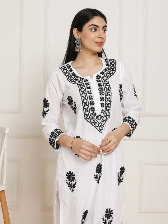 Sheen White Base Mulmul Straight Fit Long Chikankari kurti With Colorful Threadworks