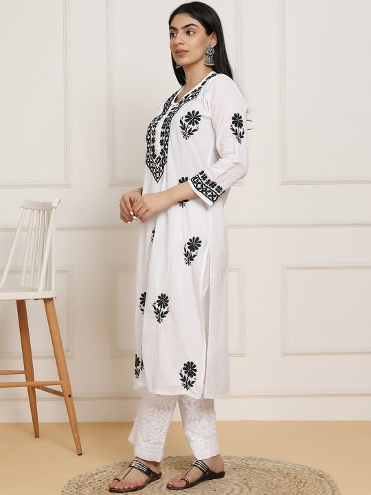 Sheen White Base Mulmul Straight Fit Long Chikankari kurti With Colorful Threadworks